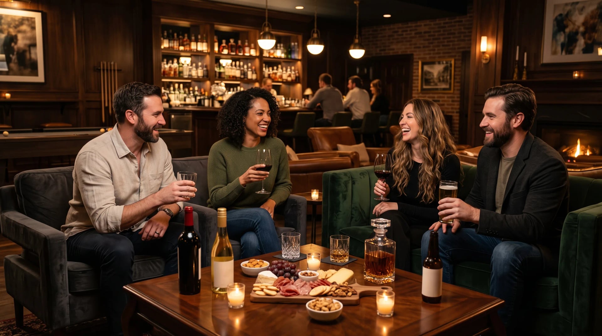Friends relaxing together with beverages in a private lounge