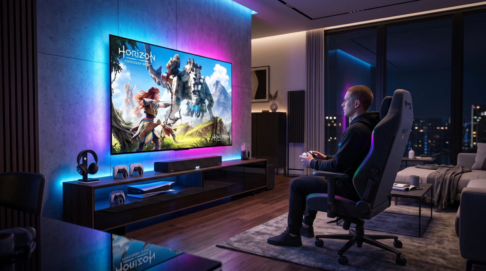 A modern gaming lounge with premium entertainment technology